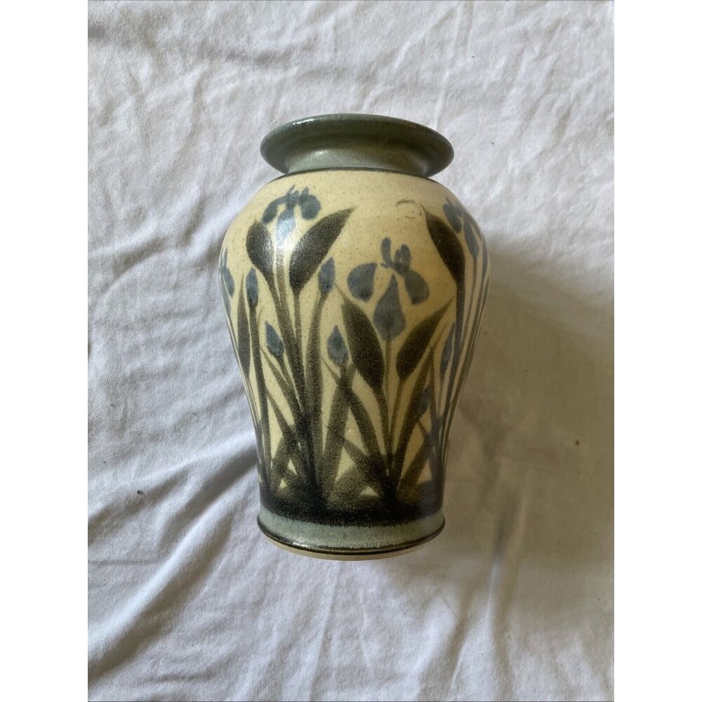 Kauff Pottery Vase With Floral Design Glossy Finish Beige Green Home Decor Colle